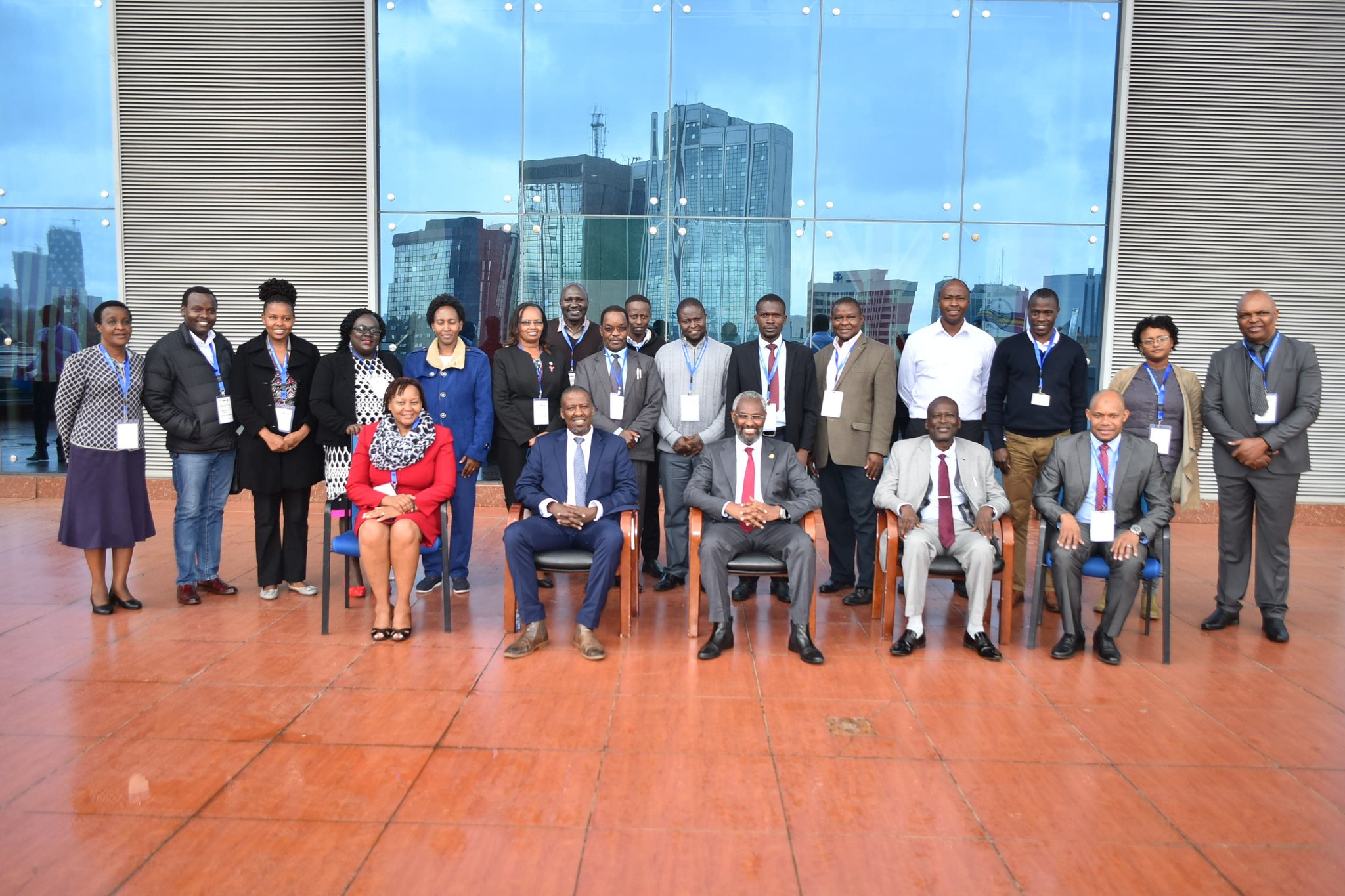 Dr. Kamau Gachigi (Seated 2nd Left), Chief Guest and Founding Executive Director, Gearbox Pan African Networks, pose for a group photo with presenters and participants after opening the Seminar. Also, in the photo is Prof Stephen Kiama (Seated Centre), UoN Vice-Chancellor, John Onyango (Seated 2nd Right), Institute's Acting Managing Director, Said Ramadhan (Right) of ARIPO and Prof. Mary Kinoti (Seated Left), Director, UoN's Intellectual Management Office of Research Innovation and Enterprise. 