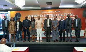 Dr. Juma Mukhwana (5th Right), Principal Secretary, State Department for Industry, flanked by Allan Kosgey (6th Right), KIPI Board Chairman, pose for a group photo with the Board Members after Dr. Mukhwana closed the World IP Day 2025 celebrations 